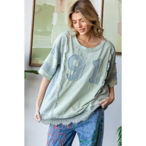 Oli & Hali Tops - Oli & Hali Washed Number Patchwork Mix Media Tee NEW Size Medium